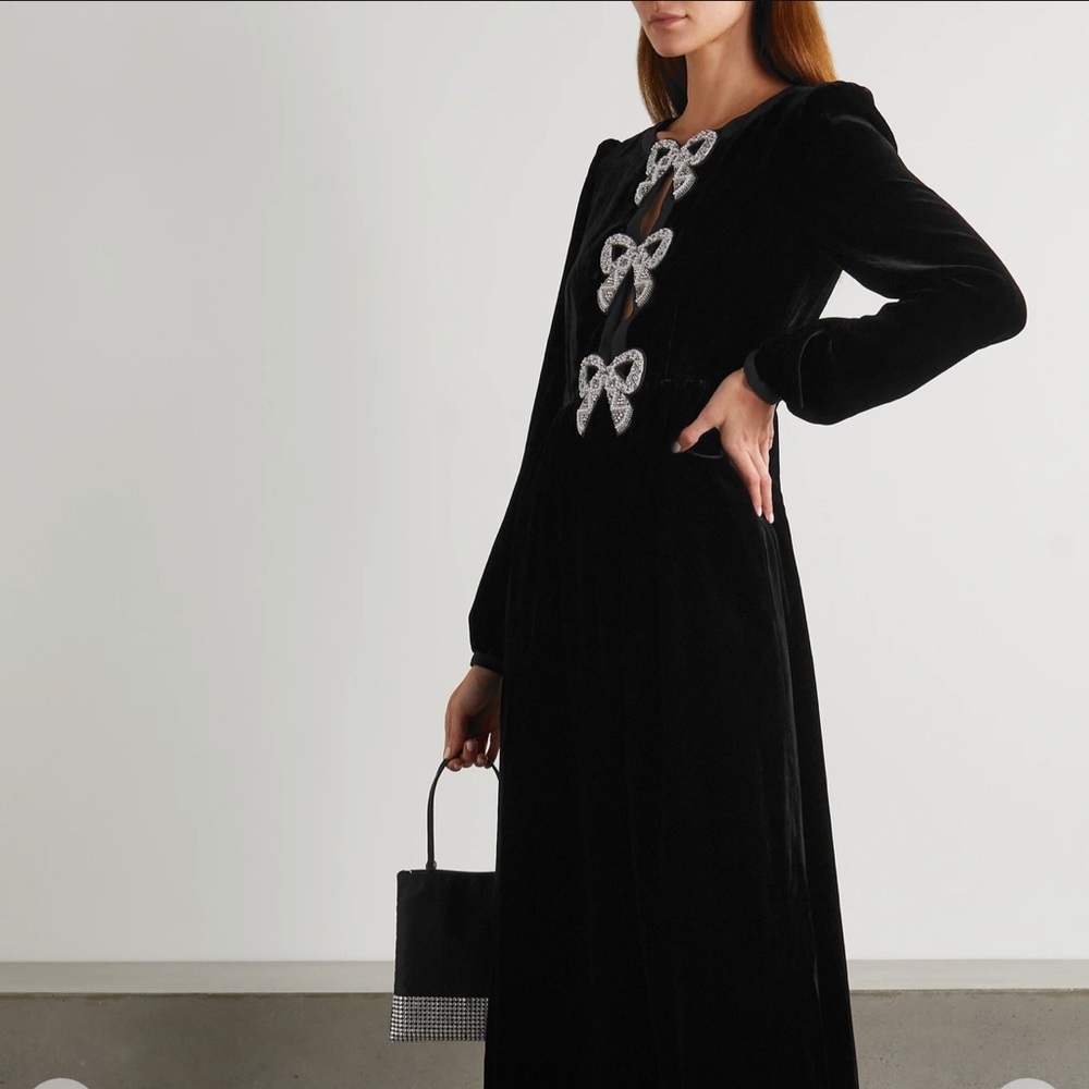 Saloni Camille bow embellished velvet midi dress